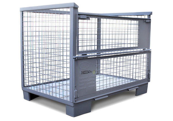 EURO Gitterbox UIC 435-3 sa 2 Klapne Nosivost 1500 kg DENIOS 129203W 1240 x 835 x 970 mm Siva