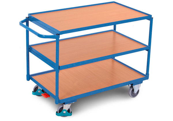 DENIOS classic-line Tischwagen mit 3 Böden und Rand, TPE-Reifen, ErgoStop, 625 x 1175 x 850 mm, 258210W