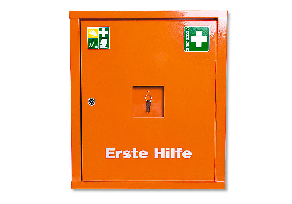Čelični Ormar Za Prvu Pomoć DENIOS Eurosafe Sa Punjenjem Po DIN 13169 Narandžasti