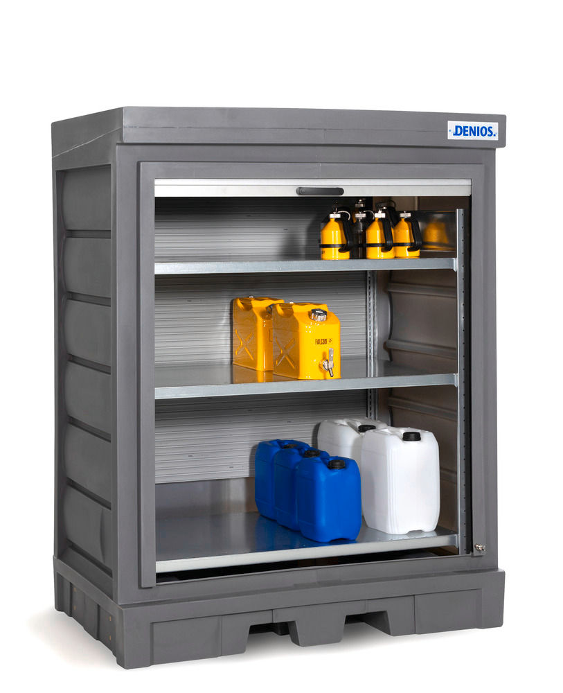 Denios PE Depo za Opasne Materije sa Rolo Vratima i Čeličnim Regalom 1554x1083x1980mm