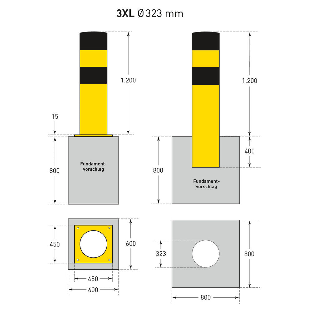 Rammschutzpoller 3XL Moravia Za Tiplovanje Vatrocinkovano Plastificiran Žuto-Crni Prečnik 323 mm Visina 1200 mm 311071W