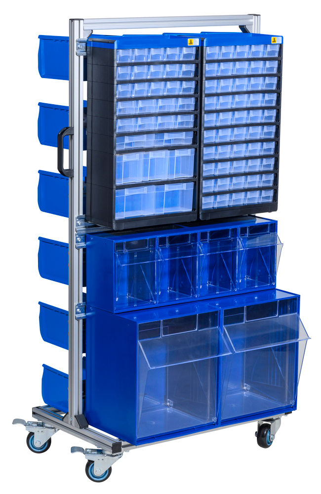 DENIOS Mobilni Regal sa 110 Prozirnih Kutija Različitih Veličina Plavi 470 x 710 x 1365 mm 319293W